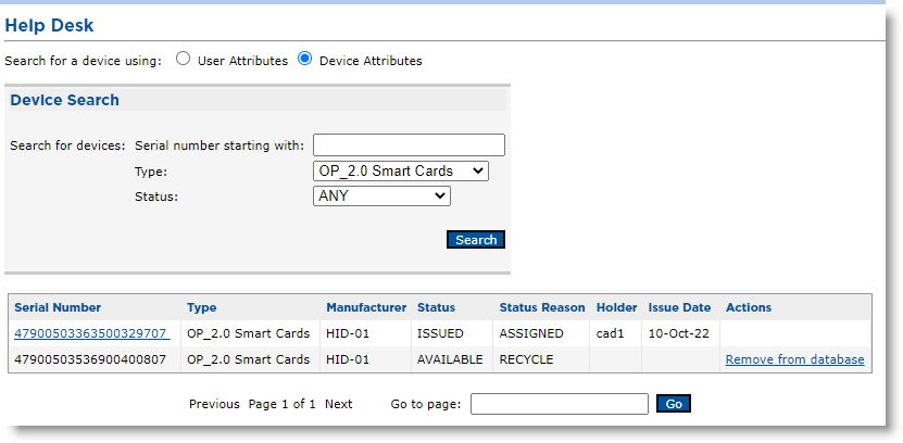 Help Desk tab of CMS Operator portal with Device Attributes option selected as device search criterion and Device Search fields  completed with table of search results displayed